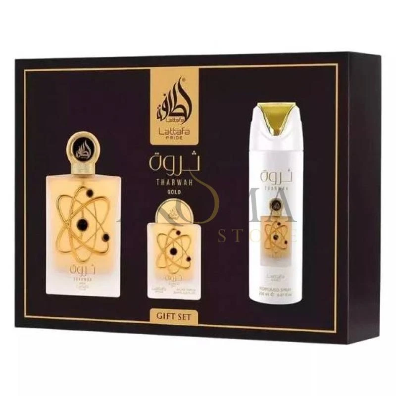 Kit de Perfume Lattafa Pride Tharwah Gold 100ML Edp + 20ML + Spray 200ML